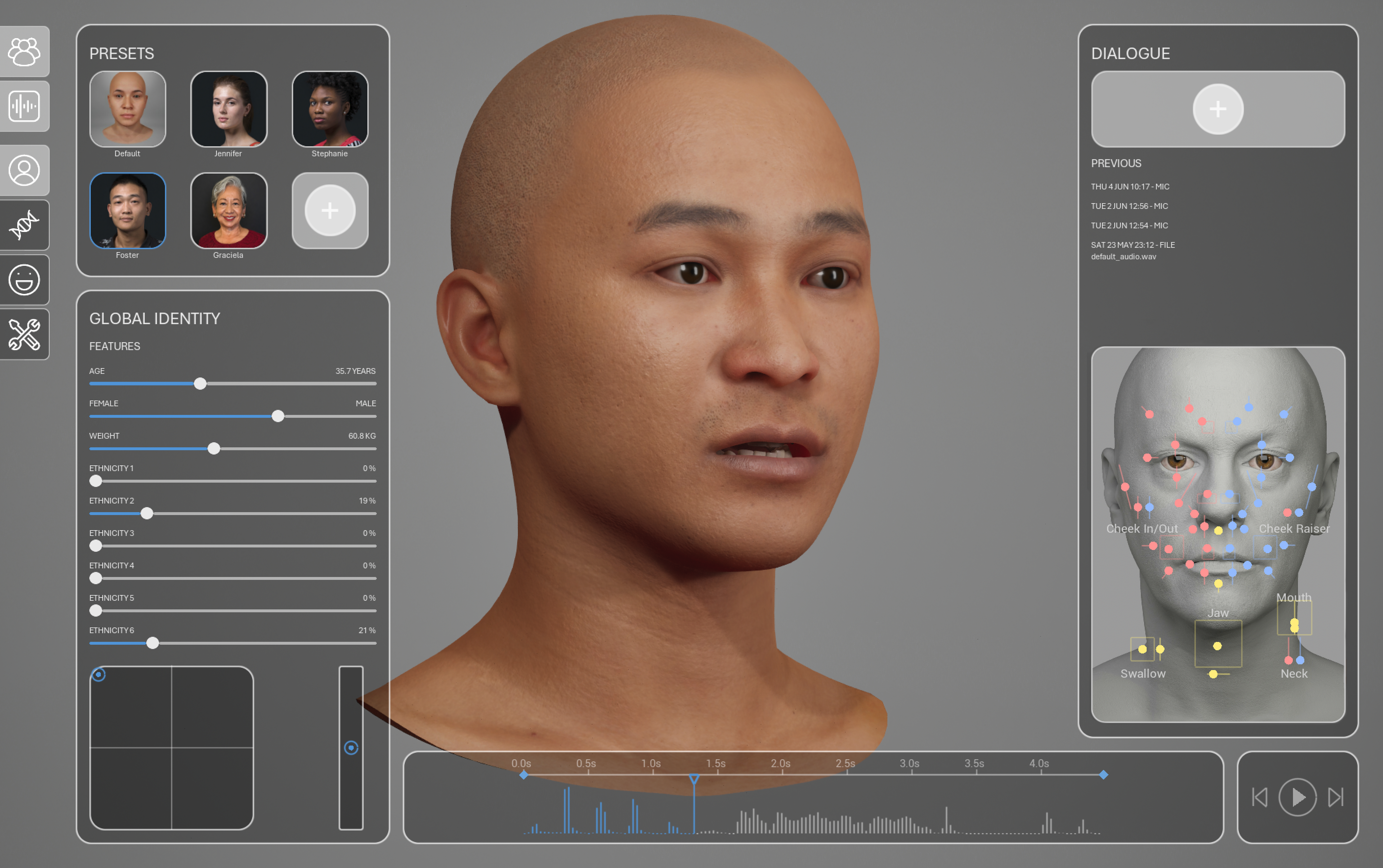 Screenshot of the Humain Creator platform, courtesy of Humain. A 3D character-creation interface showing a realistic digital human head in the center, facing slightly to the right with mouth slightly open. Surrounding panels include preset character thumbnails in the top left, a “Global Identity” section with sliders for age, sex, weight, and multiple ethnicity percentages, and a timeline with audio waveform along the bottom. On the right, a “Dialogue” panel displays previous recordings and a facial rig control map overlay with colored points and labels for facial movements such as mouth, jaw, neck, and cheek controls. The interface has a dark grey, modern UI design.